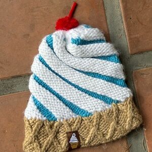 Neff Women's Beanie Hat Ice Cream Cone Sunday Cherry on Teal Brown White